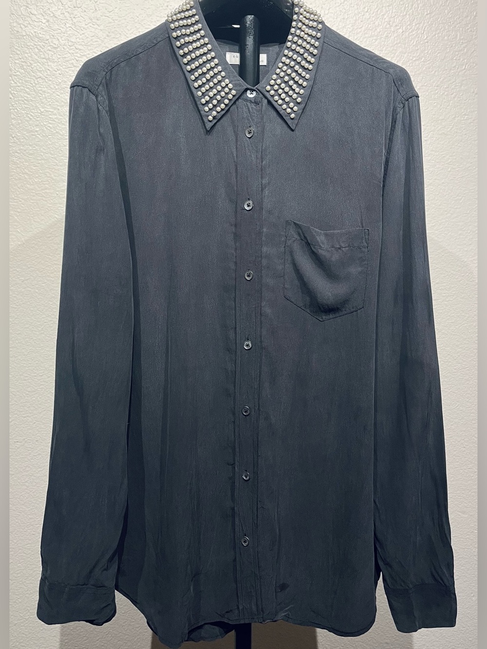 Equipment Dark Gray Beaded-Collar Long Sleeve Blouse - Size L (Women’s)